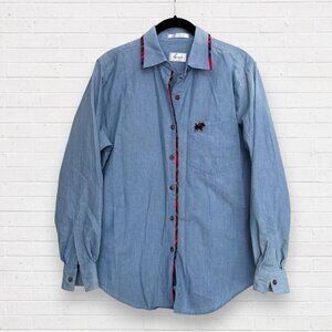 Foxcroft Vintage 90s Chambray Shirt Scottie Dog Plaid Trim Button Down Top S